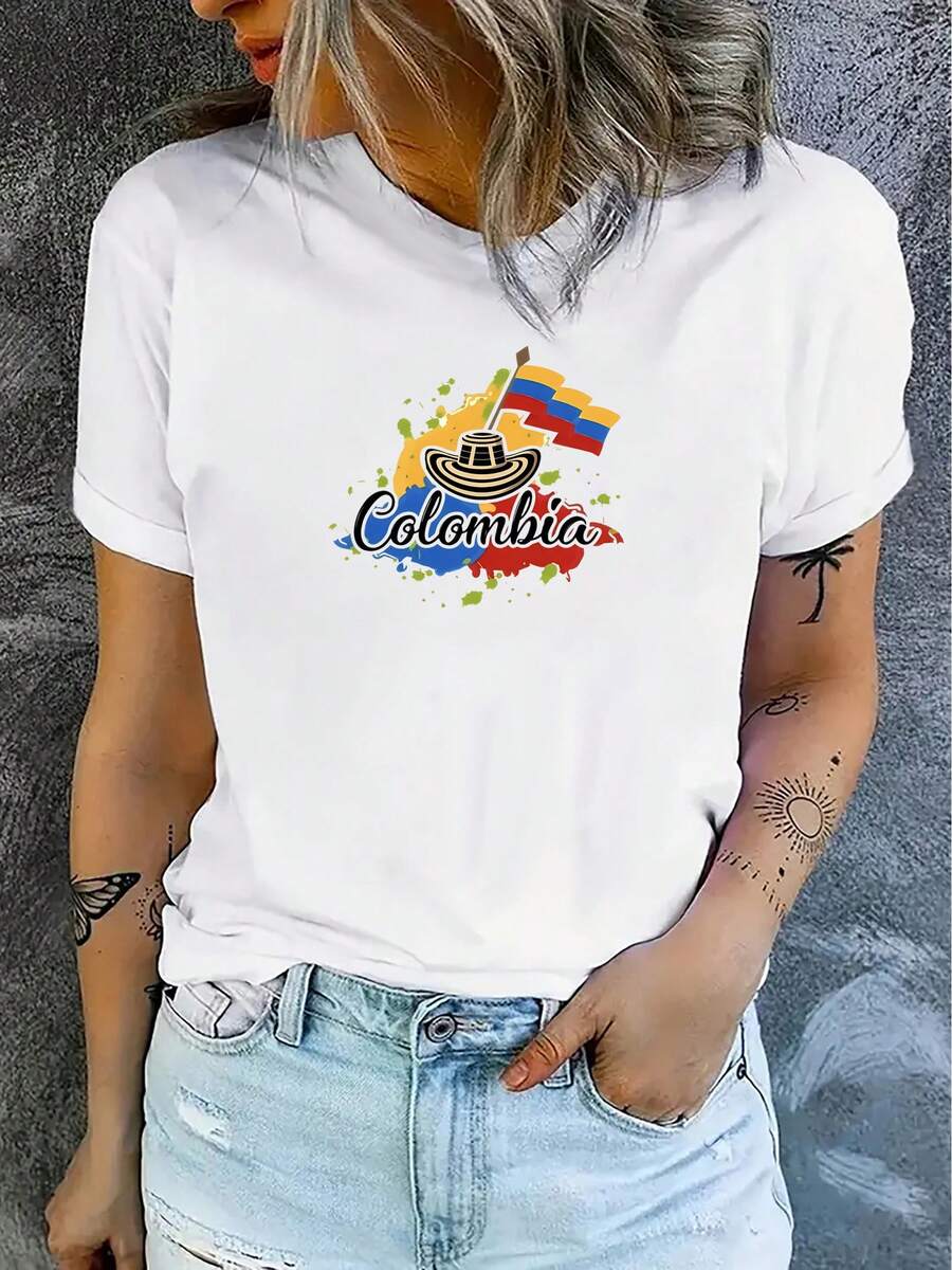 PremiumCamiseta Deportiva de Manga Corta con Cuello Redondo y Diseño Gráfico del Día de la Independencia de Colombia, Ropa Deportiva para Mujer, LindaNueva llegada - Blanco - Ver 1