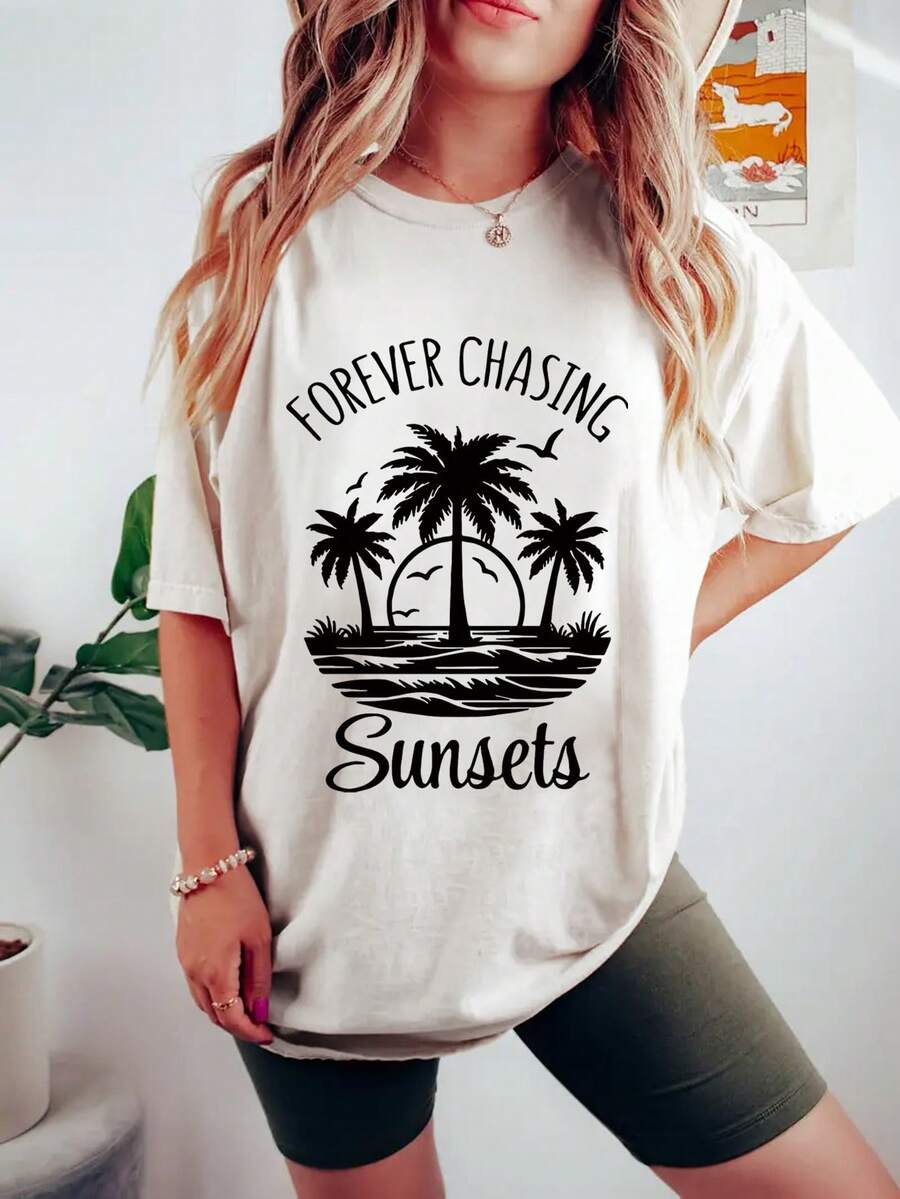 Women's Casual Short Sleeve T-Shirt - "Forever Chasing Sunsets" Graphic Print, Loose Fit, Crew Neck, Medium Stretch, All-Season Comfort, With Palm Tree And Sunset Design, Perfect For Beach Style Or Vacation, Y2k Beach T-Shirt Shirt - 白色 - 查看 1