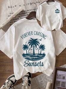 Camiseta Casual de Manga Corta para Mujer - Estampado Gráfico "Forever Chasing Sunsets", Corte Holgado, Cuello Redondo, Elasticidad Media, Comodidad para Todas las Temporadas, con Diseño de Palmera, Perfecta para Estilo de Playa o Vacaciones, Camiseta de Playa Y2k. - Blanco - Ver 1