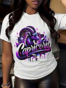 Camiseta de Mujer con Gráfico del Zodíaco Capricornio - Suave, Transpirable, 100% Algodón, Manga Corta, Cuello Redondo, con Estampado Geométrico, Camiseta Casual para Todas las Temporadas, Camisetas de Capricornio, Prenda Versátil del Armario, Camiseta de Estilo Atrevido, Ajuste Cómodo, Para Entusiastas de la Moda, Moda de Temporada, Estampados Divertidos, Material Ligero, Camiseta Atractiva para Mujeres Amantes de la Astrología, Fácil de Combinar. - Blanco - Ver 7