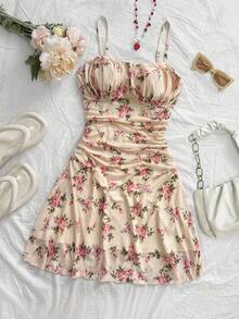 Vestido mini de línea A con tirantes de espagueti rosa y romántico Ditsy Floral para mujer, adecuado para fiesta, cita, San Valentín, Pascua, carnaval, crucero por la playa, Afternoon vestido de moda para té, primavera/verano - Albaricoque - Ver 3