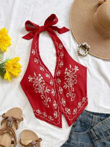 Top corto con cuello halter, espalda descubierta y lazo, con bordado floral sobre base color albaricoque, adecuado para festivales de música - Rojo - Ver 8