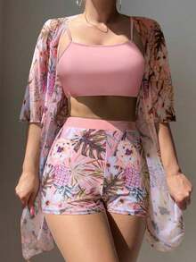 Swim Conjunto de bikini casual con estampado de plantas tropicales con kimono corto de manga corta como cubridor para verano - Multicolor 2 - Ver 11