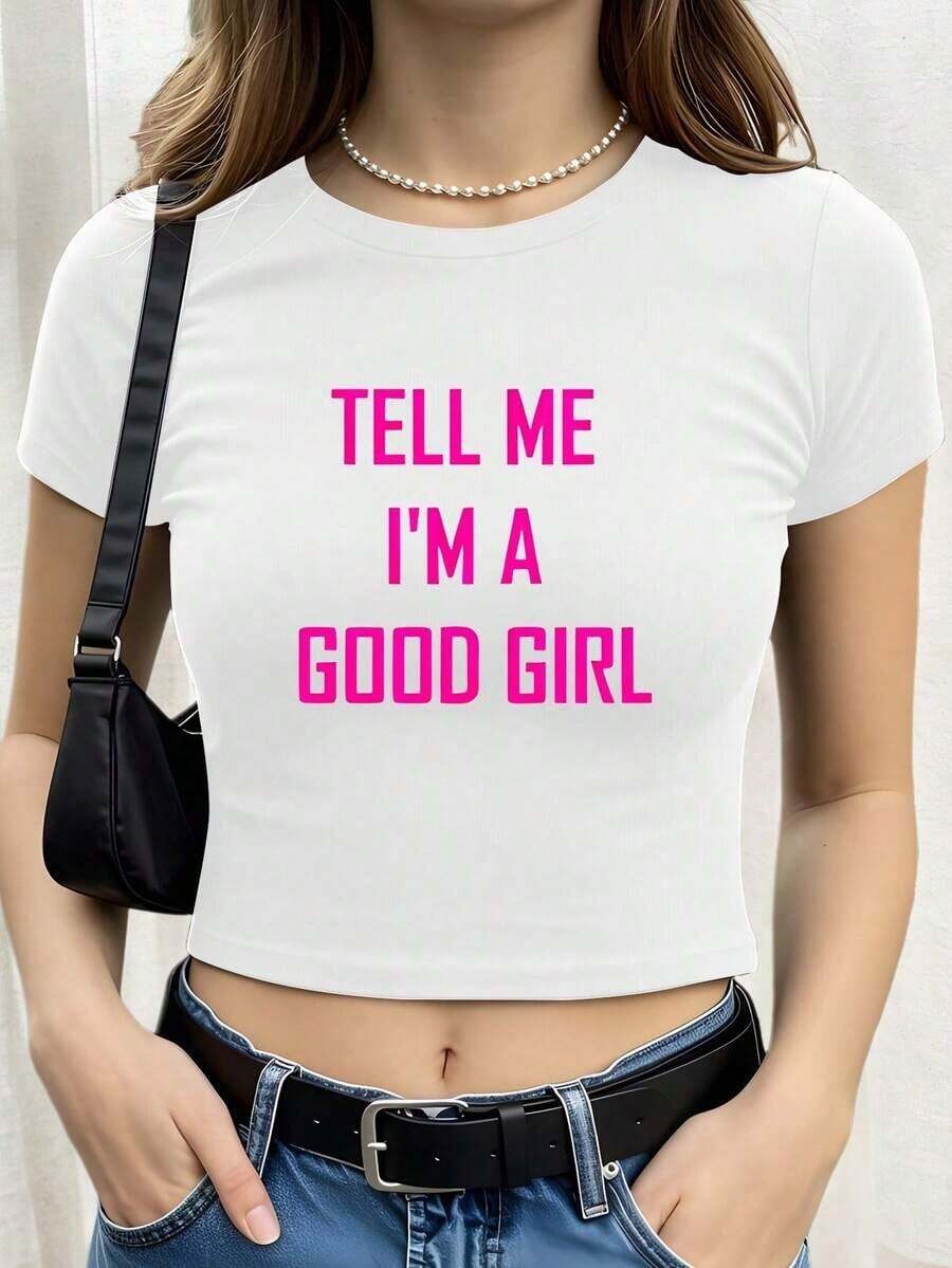 Mother's Day Set - Sexy Women's Crop Top Y2K Style - Fitted Short Sleeve T-Shirt With "Tell Me I'm Fine" Print In Pink Letters, Black And Pink Pattern, Machine Washable, Casual Urban Style, Sizes S-XL, Fitted Waist Design, Modern And Simple Set - 100% Cotton, Soft, Breathable, Women's Crop Top / Short T-Shirts - 白色 - 查看 1