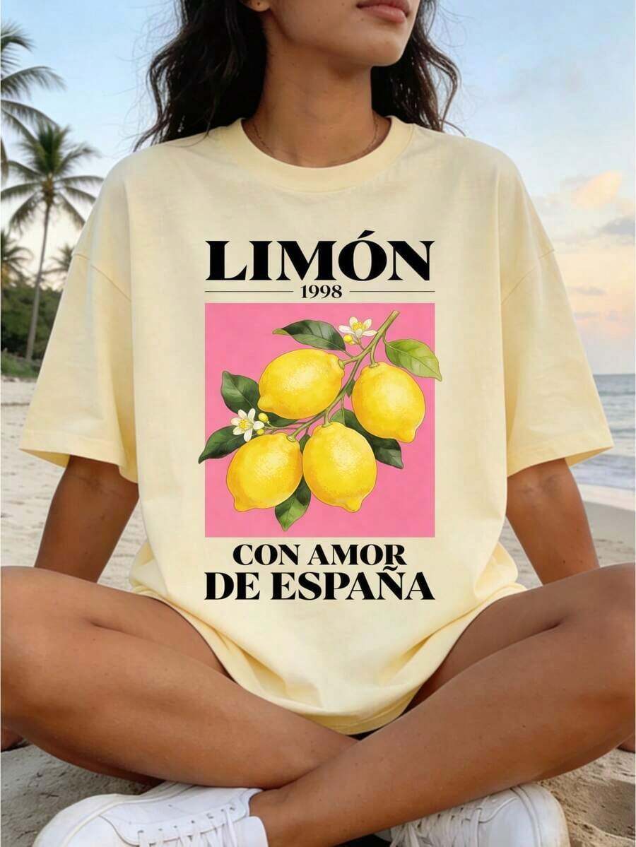 Women's Loose-Fitting Summer T-Shirt With Letter And Lemon Fruit Print, Off-The-Shoulder, Short Sleeve, Round Neck, Urban Vintage Style, Unisex, Cotton, Short Sleeve, Round Neck, Blouses For Women, Women's T-Shirts, Casual Blouses For Ladies. - 杏色 - 查看 1