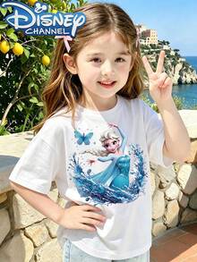 The Frozen Princess Elsa T-Shirt, A Cute, Fresh, And Fashionable Disney Girl's Round Neck T-Shirt Made Of 100% Pure Cotton, Is An Ideal Choice For Daily Wear, Holiday Leisure, Outdoor Exploration, School Life, And Shopping Trips. It Is Also A Summer Must-Have And Makes A Perfect Disney Gift For Both Girls And Boys. - White - View 1
