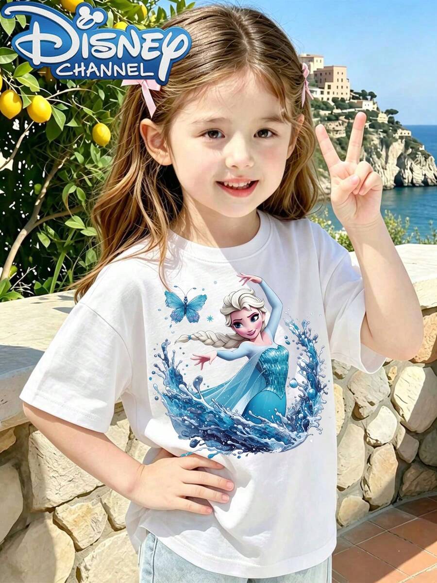 The Frozen Princess Elsa T-Shirt, A Cute, Fresh, And Fashionable Disney Girl's Round Neck T-Shirt Made Of 100% Pure Cotton, Is An Ideal Choice For Daily Wear, Holiday Leisure, Outdoor Exploration, School Life, And Shopping Trips. It Is Also A Summer Must-Have And Makes A Perfect Disney Gift For Both Girls And Boys. - White - View 1