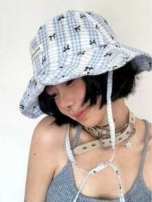 Women's Gingham & Bow Print Bucket Hat, Casual Sun Protection Hat With Chin Strap, Breathable Summer Bucket Hat For Outdoor Travel - Multicolor - View 6