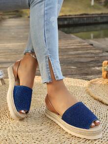 Giày sandal đế xuồng dệt kim đính sequin màu xanh hải quân dành cho nữ, hở mũi, có quai ngang mắt cá chân, kiểu dáng thường ngày, thích hợp đi biển, nghỉ mát hoặc đi làm. - Màu xanh lam - Xem 1