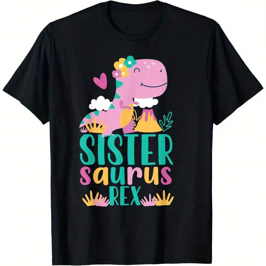 Funny Men'S 'Sister Saurus Rex' T-Shirt With Pink T-Rex Drawing - Soft And Breathablefclothes Gym, Gifts, Casual Wear, Playful Clothes, Round Neck, Durable Material, Clotheshine Washable, Humorous Garment - 黑色 - 查看 1