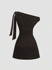 Vestido sin mangas con cuello asimétrico ajustado y drapeado de unicolor - Café integral - Ver 2