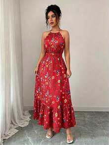 Vestido casual para mujer con camiseta estampada y cintura elástica - Rojo - Ver 5