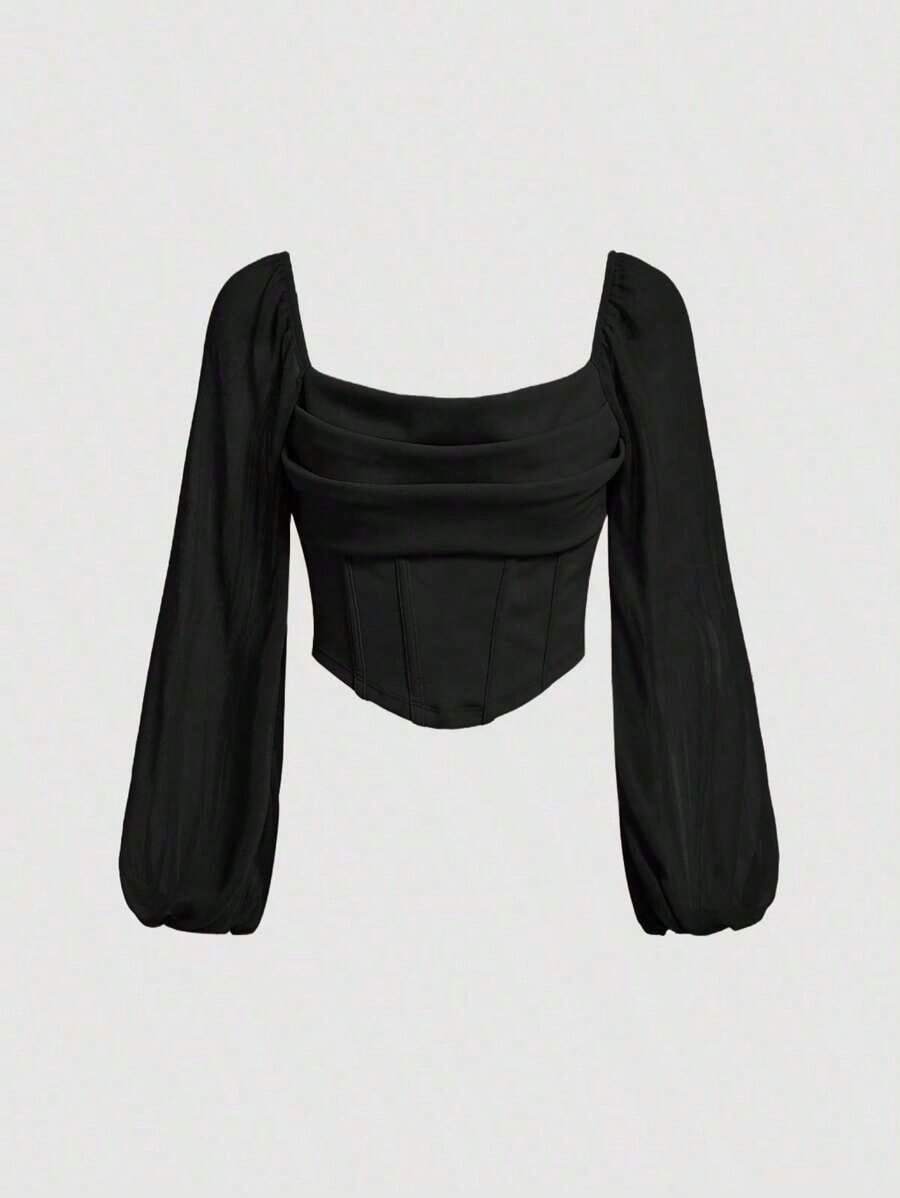 Top asimétrico corto con manga tipo lámpara, busto fruncido y dobladillo en pañuelo púrpura - Negro - Ver 1