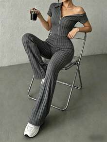 KKONE Two-Piece Set: Plain Color Crop Top And Bell Leg Pants - Dark Grey - View 1