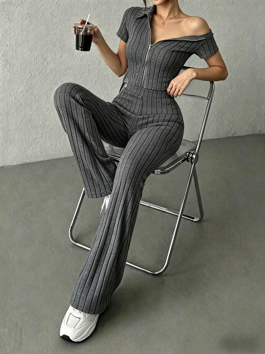 KKONE Two-Piece Set: Plain Color Crop Top And Bell Leg Pants - Dark Grey - View 1