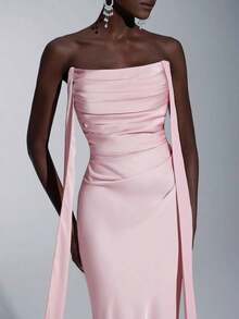 Belle Elegante vestido de dama de honor de novia ajustado con escote corazón y volantes, color verde romántico trenzado mate - Rosa vieja - Ver 3
