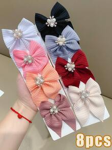 8pcs Solid Color Striped Fabric Bow Hair Clips With Pearl Rhinestone Decor, Cute Girl's School Style Hair Accessories, Suitable For Daily Wear And Party - Multicolor - View 11