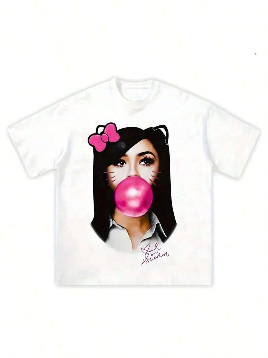 Ropa para chicas adolescentes, camisetas con estampados gráficos, ropa de verano para chicas adolescentes, camisetas cortas, camisetas cortas para mujer, con estampado de chica soplando burbujas, moda, ropa urbana, unisex, tela transpirable, cuello redondo, estilo Y2K. - Camiseta de manga corta con cuello redondo, de algodón, holgada, unisex, estilo urbano vintage. - Blanco - Ver 1