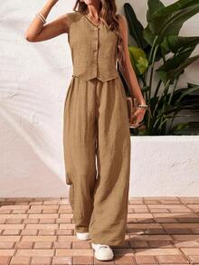 Frenchy Set de 2 piezas para mujer de top sin mangas y pantalones de estilo casual con un solo botón, para verano - Camel - Ver 7