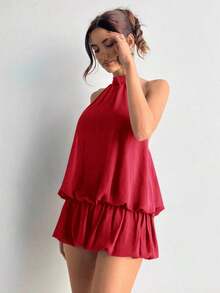 casual de verano para mujer con cuello halter, unicolor y volantes en el bajo - Rojo - Ver 4