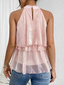 Blusa de chifón asimétrica con cuello holgado y volantes, top con volantes, top marrón oscuro - Rosa - Ver 2