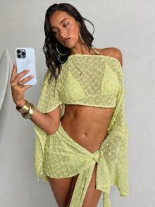 Conjunto de 2 piezas de mujer para primavera/verano con textura de jacquard, blusa tipo chal y minifalda de estilo envolvente, ropa de playa/resort para mujer - Verde - Ver 7