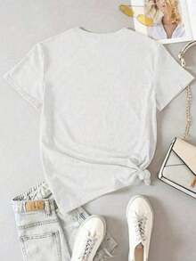 Women's Short Sleeve T-Shirt With Round Neck And Beach Sun Embroidery - 白色 - 查看 2