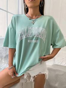 Camiseta gráfica con hombros caídos y estampado de letra para mujer playeras de mujer algodon - Estilo VI - Ver 5