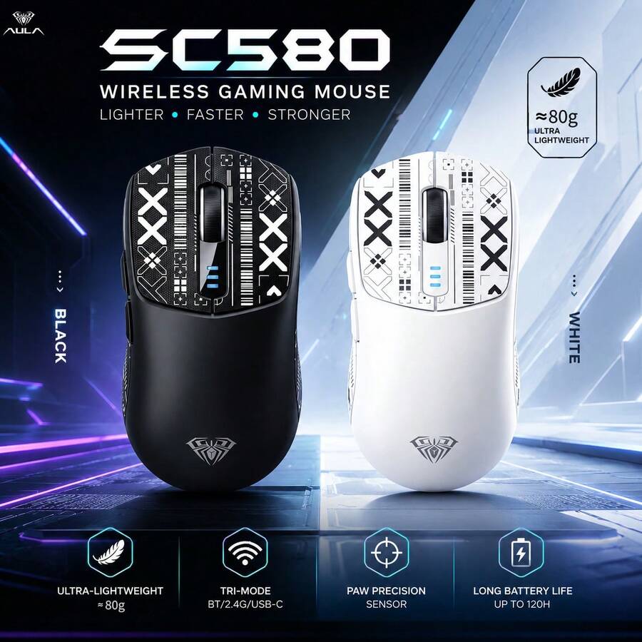 AULA SC580 Ultra-Light Wireless Gaming Mouse, With RGB Lighting, 3 Modes (Bluetooth/2.4G/Type-C), 10000 DPI, Long Battery Life, Ergonomic Design, Suitable For PC And Laptop