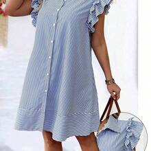 Plus Size Fashion Spring/Summer Casual Striped Front Button Cap Sleeve Dress - Azul - Ver 6