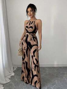 Women's Printed Jumpsuit With A Fitted Waist, Elegant For Holidays And Everyday Wear With A Halter Neck - 粉色 - 查看 4