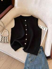 Chaleco de mujer elegante y minimalista, de estilo francés, versátil y elegante - Negro - Ver 8
