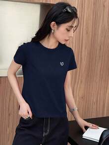 Y2K Style, Fashion Style, Newest 2026, Cute Style, Casual Style, Women's Blouses > Clothing. Women's Short-Sleeved T-Shirt With Embroidered Heart And Letter Design For Valentine's Day, Casual Style For Work, 180g (S-XXXL) - 海軍藍 - 查看 3