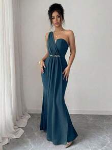 Elenzya Vestido elegante y romántico para mujer con escote asimétrico, cintura ceñida, bajo de cola de pez, decoración de perlas, adecuado para fiestas y reuniones - Agua verde azul - Ver 4