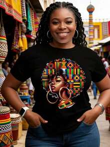 Camiseta con Estampado Gráfico de Reina Africana, Manga Corta, Cuello Redondo, Diseño Afrocentrífico Vibrante, Top Casual de Verano para Mujer, Ajuste Elegante y Cómodo, Ropa Versátil, Camiseta con Estampado Vibrante, Camiseta de Algodón - Blanco - Ver 7