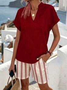 Camisa casual de mujer de manga corta con cuello entallado de unicolor, para verano - Rojo - Ver 3