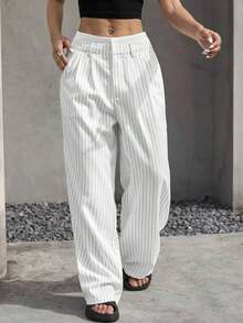 Pantalones anchos de mujer con pliegues y rayas, con cintura de bloques de color para otoño/invierno - Blanco - Ver 7