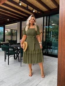 Elegant Women's Casual Dress, Fabric, Hem With Ruffle, Knot, Pleated, Women's Evening Wedding Dress - 橄欖綠 - 查看 2