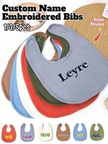 1/3/5pcs, Custom Embroidered Name Baby Bibs, Soft Cotton Gauze, Adjustable Snap Closure, Personalized Bibs For Baby Shower, Newborn Gift, Daily Feeding, Drool Proof, Cute Neutral Colors, High-Quality Baby Essentials - Multicolor - View 1