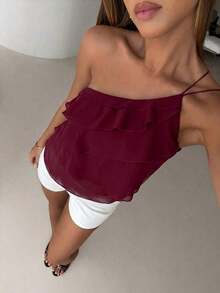 Nueva blusa elegante y romántica de primavera/verano para citas, Día de San Valentín, temporada de bodas, de gasa rosa con un hombro, espalda descubierta, volantes en capas, blusa sexy con volantes para la playa, atuendo de boda, camisa rosa elegan - Burdeos - Ver 1