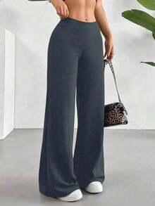 Pantalones anchos de unicolor negro versátiles y casuales para primavera - Gris Oscuro - Ver 7