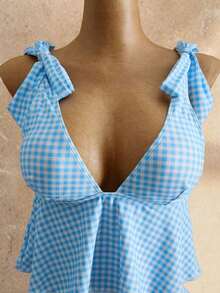 Mod Conjunto de traje de baño de 2 piezas para mujer con top corta de tirantes finos con estampado de cuadros y nudo delantero, y Bottom tipo bikini con cordón en la cintura, para verano - Azul - Ver 4