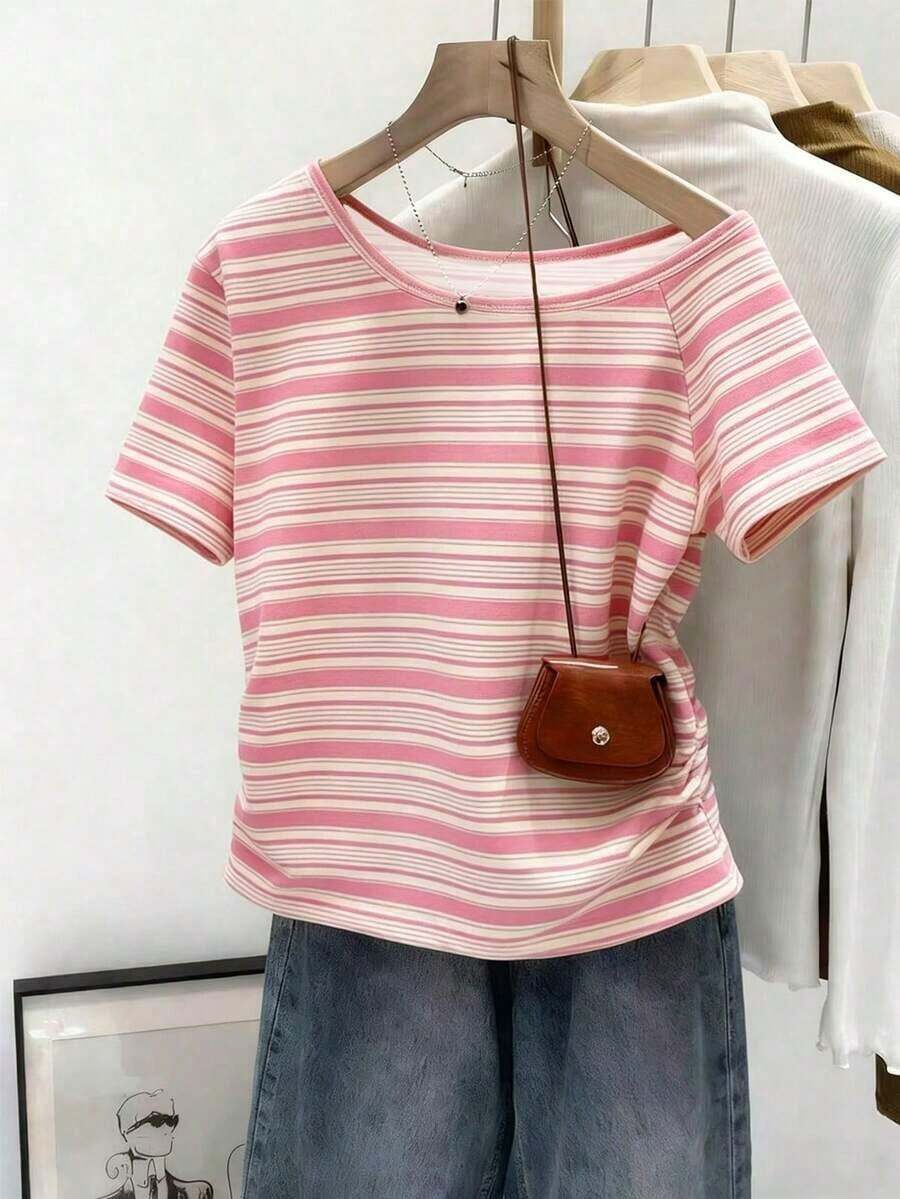 Camiseta casual versátil de mujer con estampado de rayas y manga corta - Blanco 2 - Ver 1