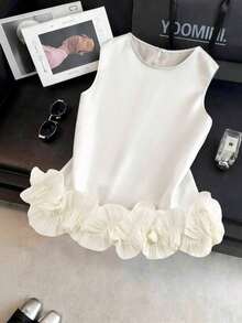 Blusa sin mangas de satén con doble capa y volantes, elegante, adecuada para salidas y citas de primavera/verano - Blanco - Ver 7