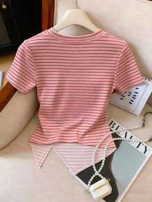 Camiseta casual de mujer de unicolor, cuello redondo, manga corta con bajo asimétrico - Multicolor - Ver 2