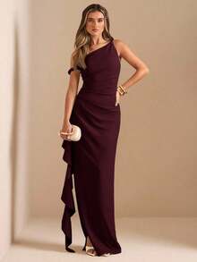 de dama de honor de otoño/invierno, vestido largo elegante con pliegues, abertura alta, volantes y hombros oblicuos con nudo retorcido y sin tirantes, sexy para fiestas - Granada - Ver 3