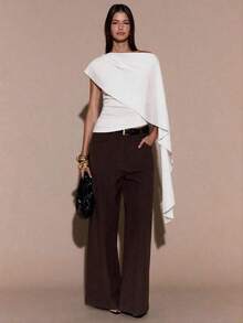 Blusa de punto con cuello anudado y hombro asimétrico, suéter elegante y ajustado, otoño/invierno - Blanco - Ver 5