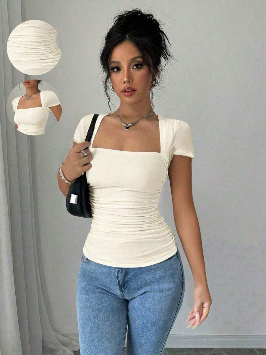 Raffinéa Camiseta ajustado de moda con mangas raglan, cuello en U, cintura fruncida, elástica, blanca, para primavera/verano, para mujeres - Caqui - Ver 1