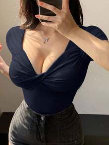 Camiseta corta de mujer con cuello en V, manga corta, ajustada y con nudo, para salir - Azul 2 - Ver 2