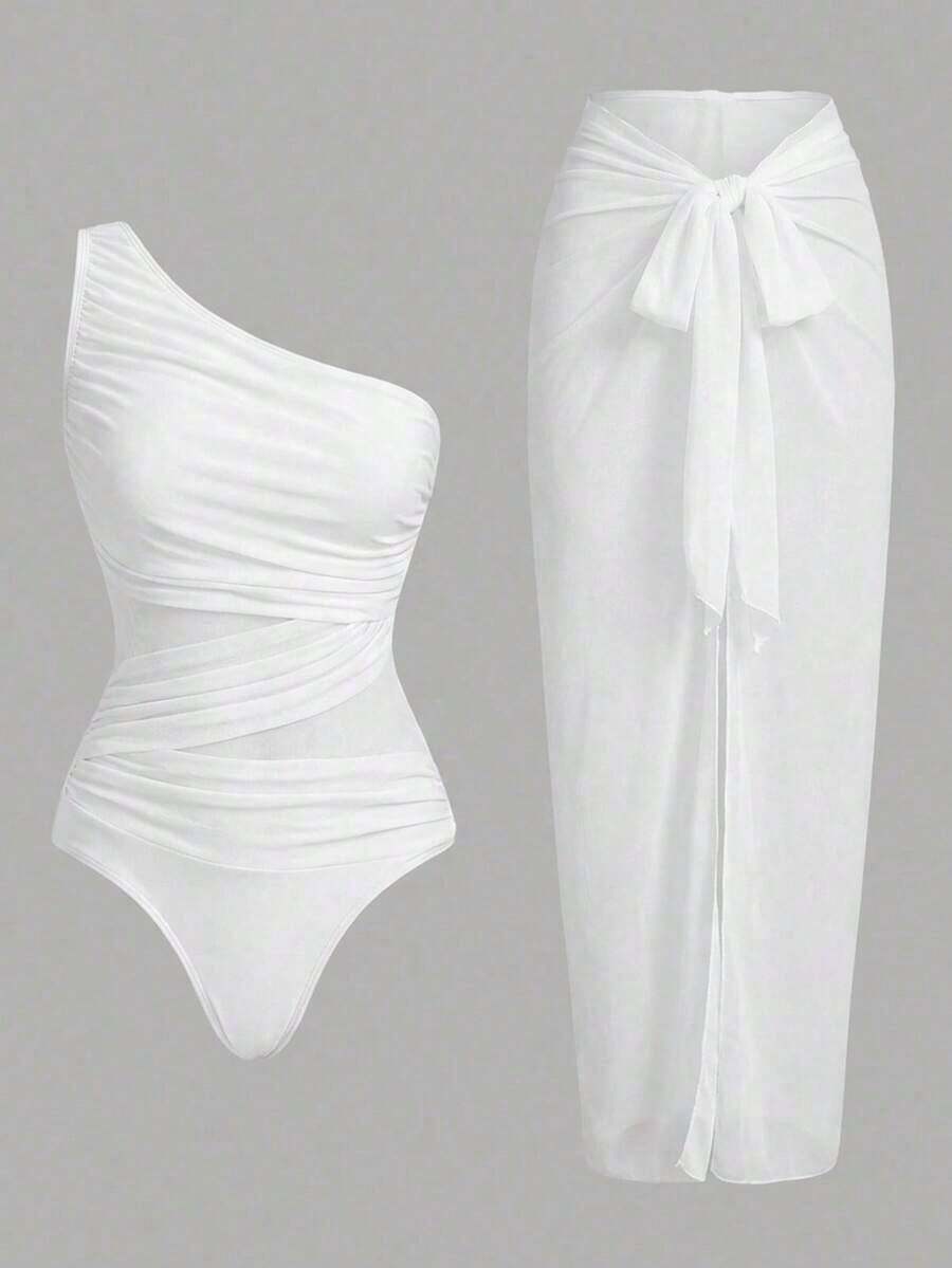 Swim Oasis Traje de baño de una pieza con panel de malla fruncida de unicolor y falda pareo - Blanco - Ver 1